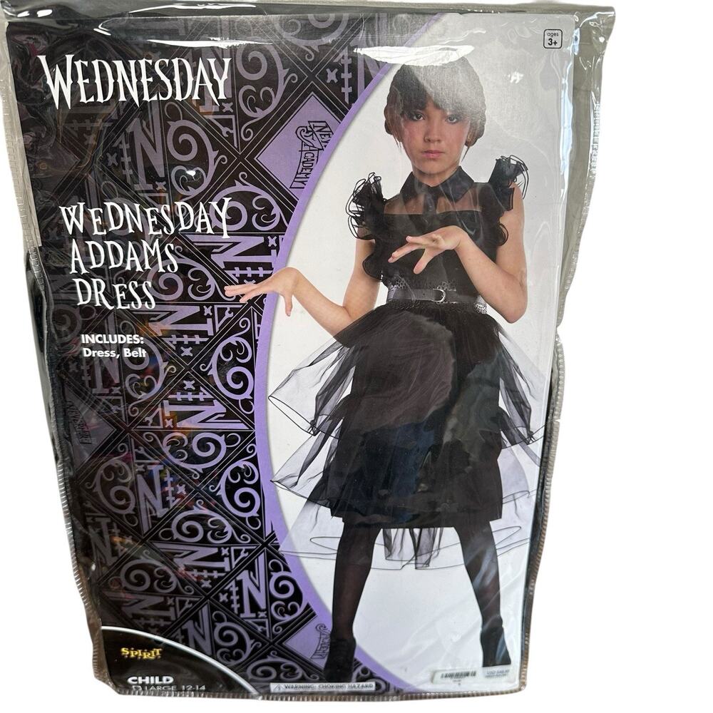 Spirit Halloween Girl’s Wednesday Addams Costume Dress W/ Belt Size Large 12-14